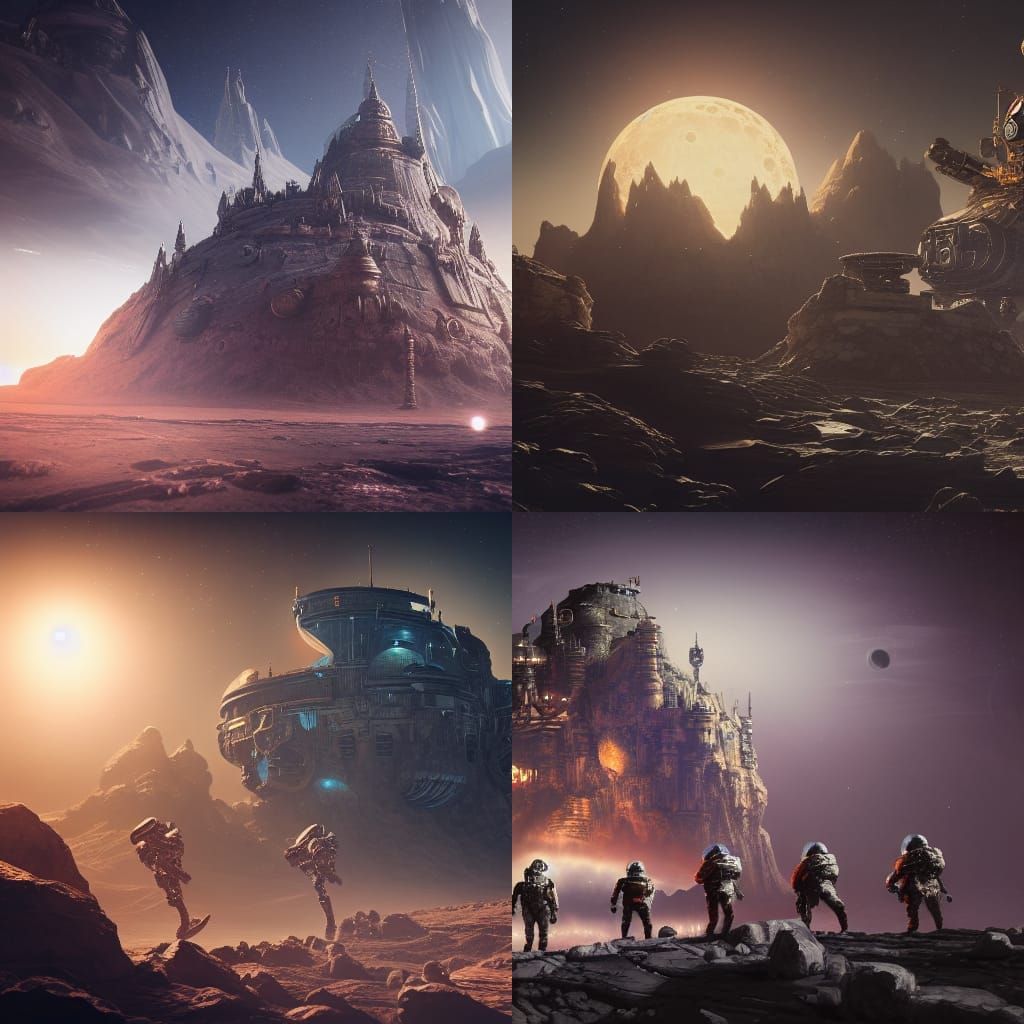 space castle on the moon with cyborg soldiers marching aroun...
