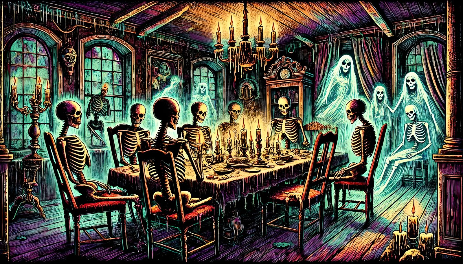 Colorful Ghostly Dinner at a Haunted House