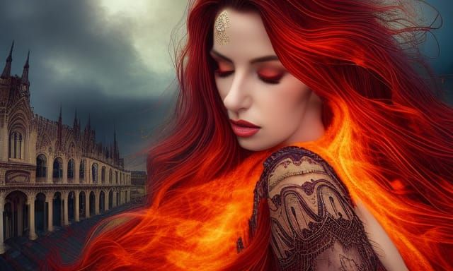 Fiery Goddess with Scarlet Hair Digital Painting