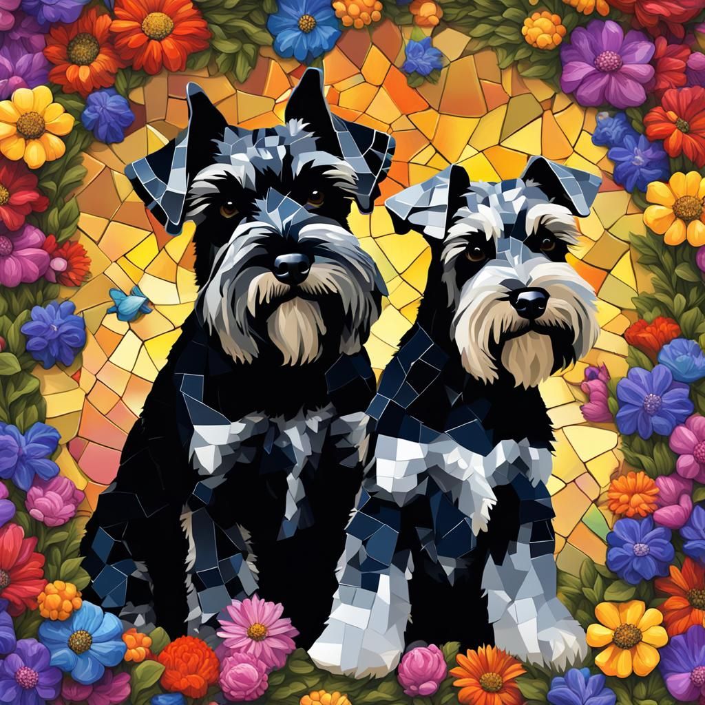 rainbow-colored mosaic of a black and silver mini schnauzer ...
