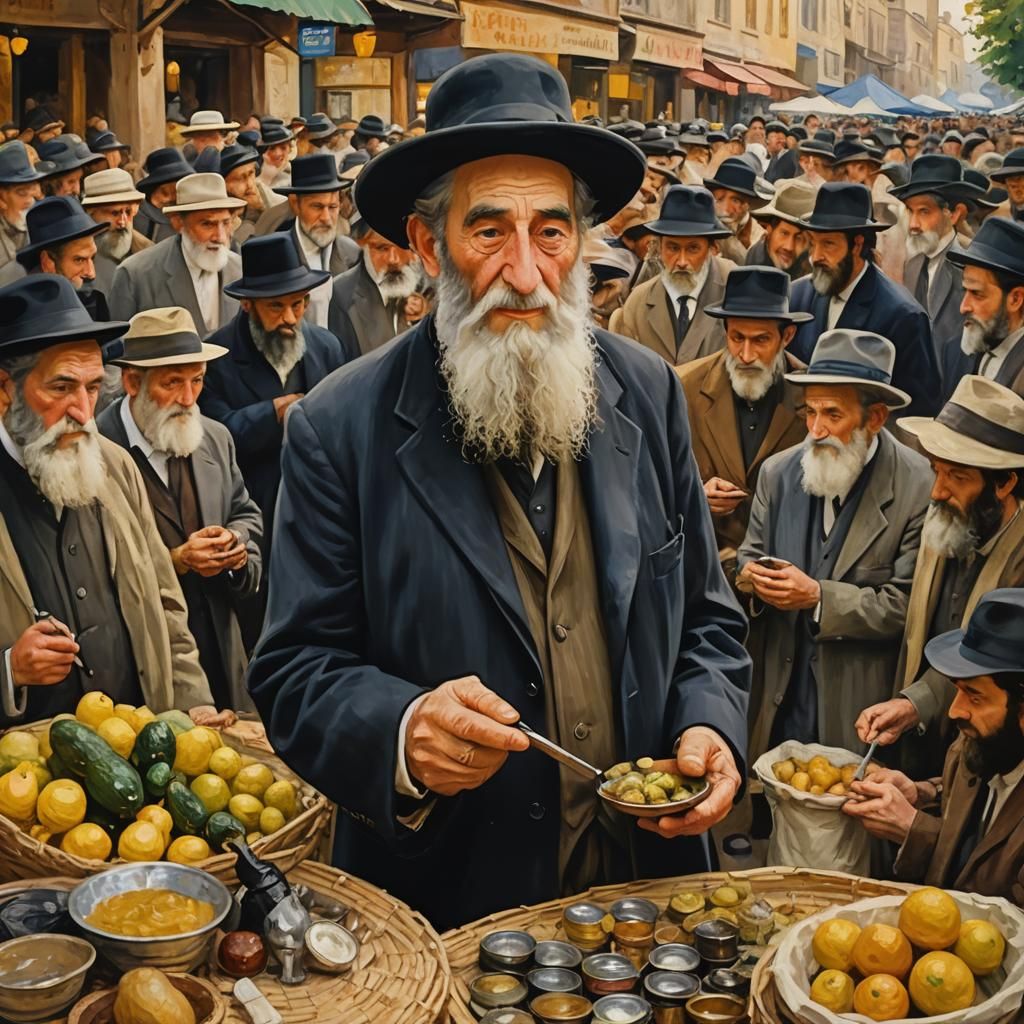 Hasidic Rabbi Inspects Etrog, Impressionist Market Scene