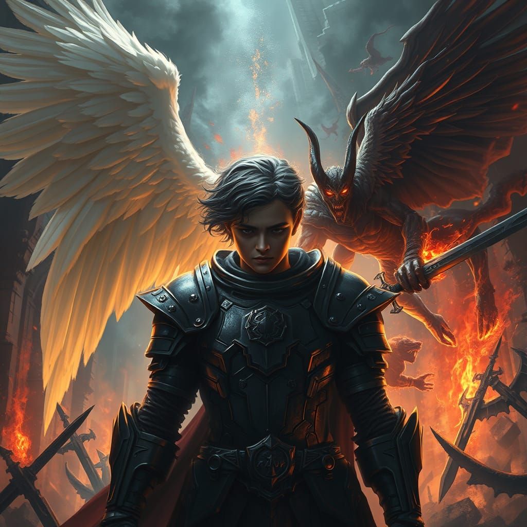  a breathtaking battle between an angel and a demon over the soul of a sorrowful individual.  

Please ensure the scene includes:  

- **Set...