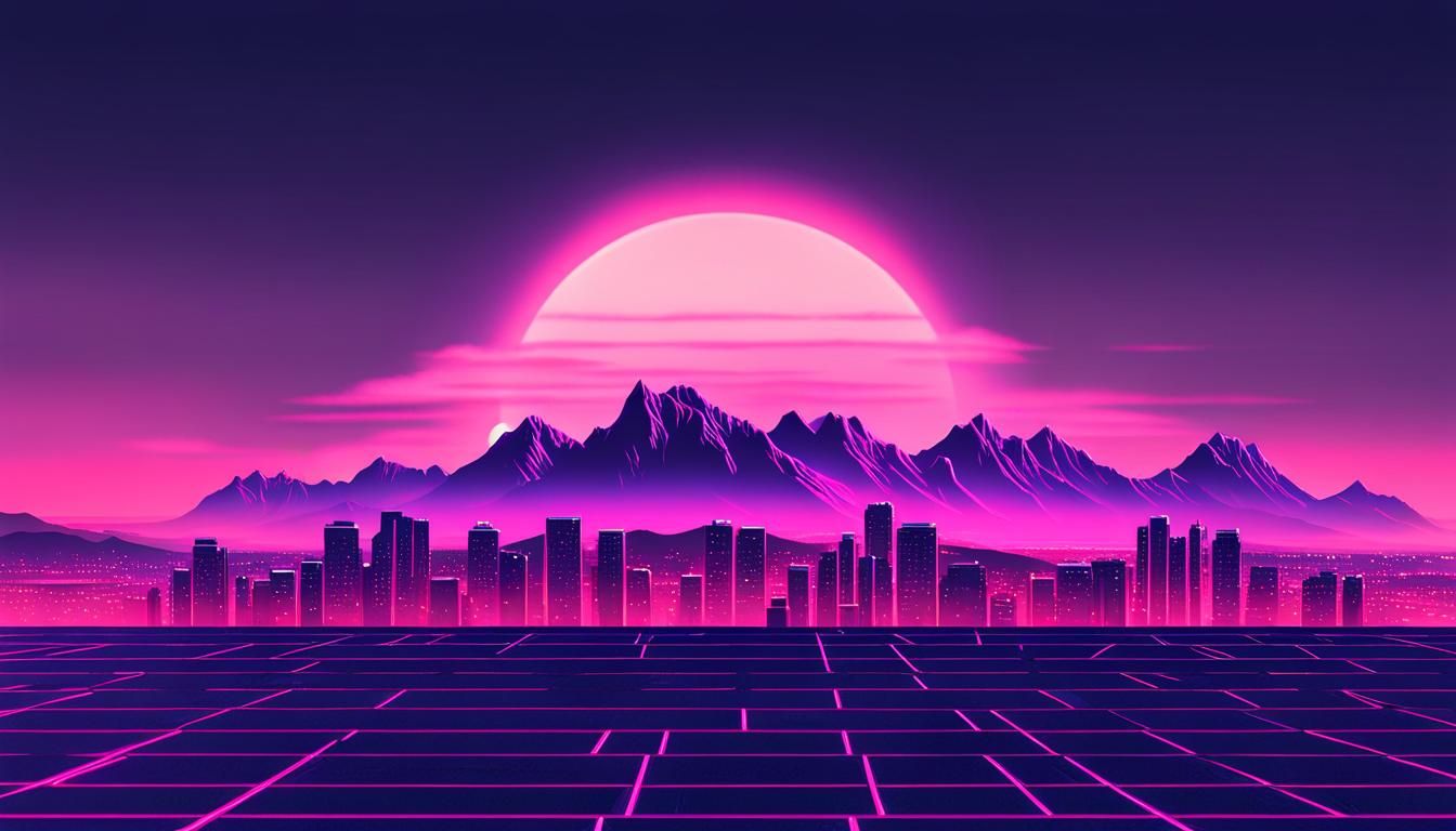 A Vintage 80s 90s 00s Present Day ⁦vaporwave Synthwave town and City sun⁩ dark fantasy, Dark fantasy, science fiction cityscape. Wide angle...