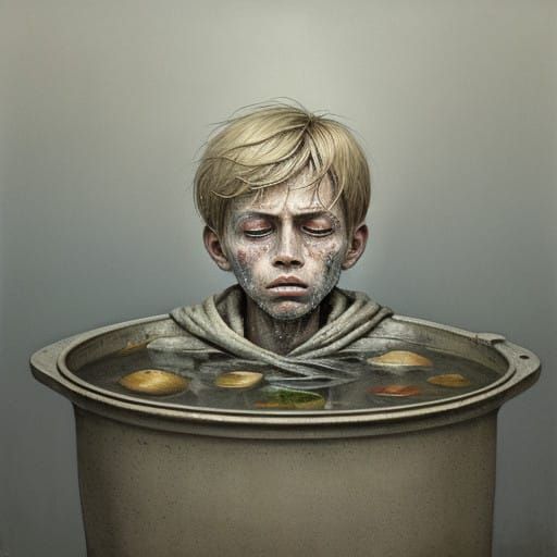 Young Boy Sits in a Distressed Food Pot Scene in a Haunting...