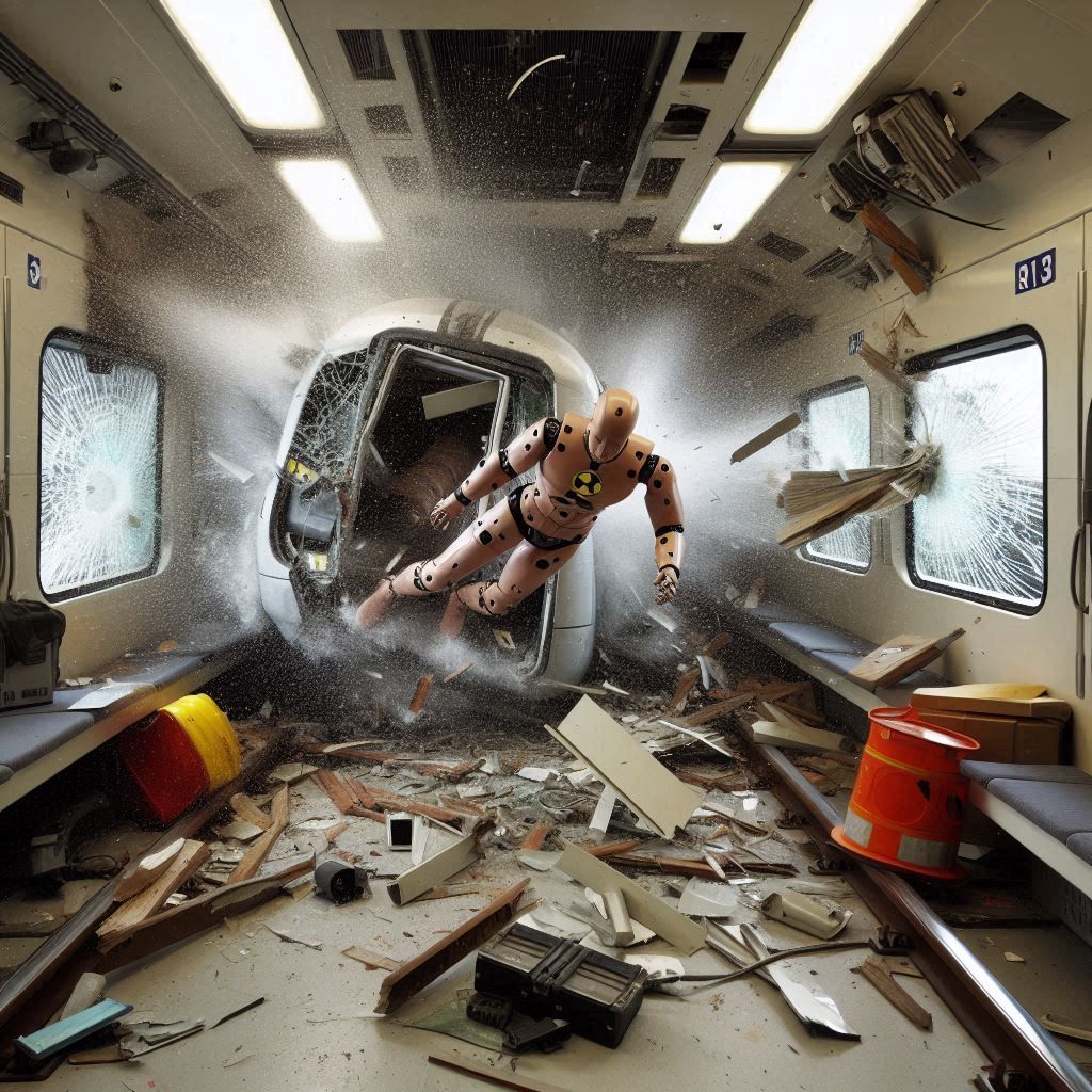 High-speed photograph of a crash test dummy, inside train collision ๐๐ฅ