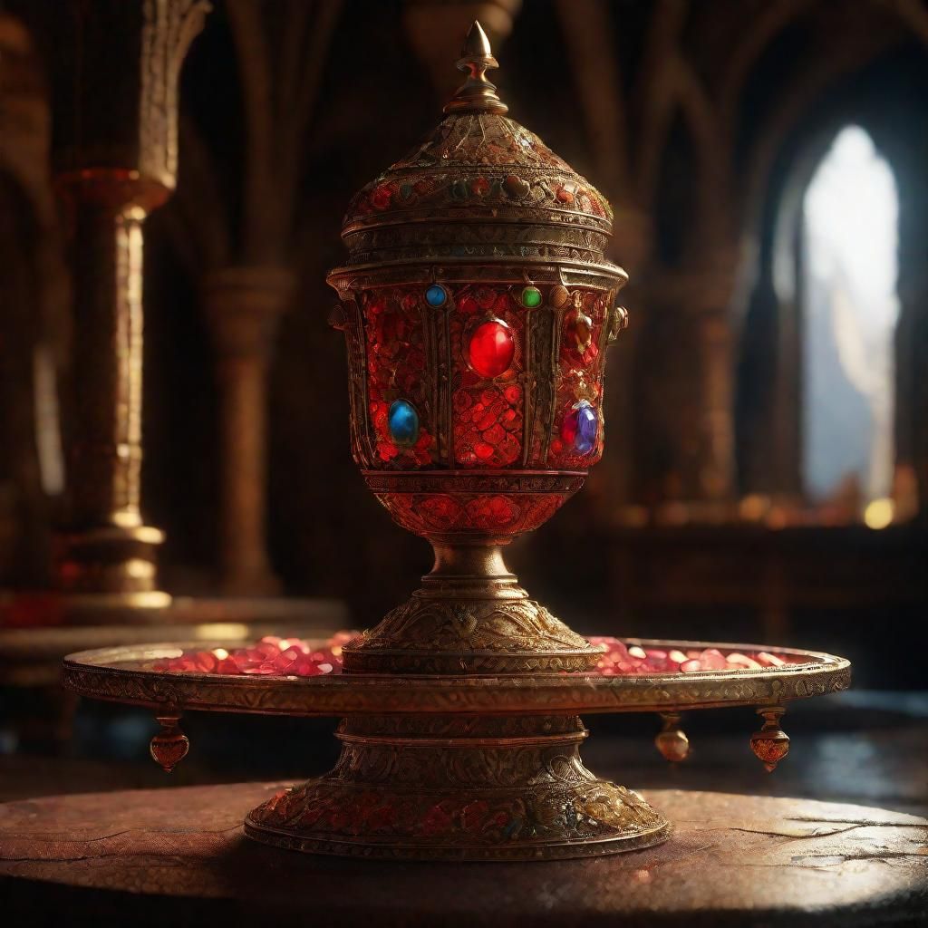 Close-up of the holy grail finely chiseled and adorned with precious ...