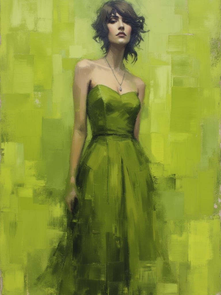 <lora:Messy oil portraits:1.0>  messy oil painting, full body length, female, olive, lime and khaki hues