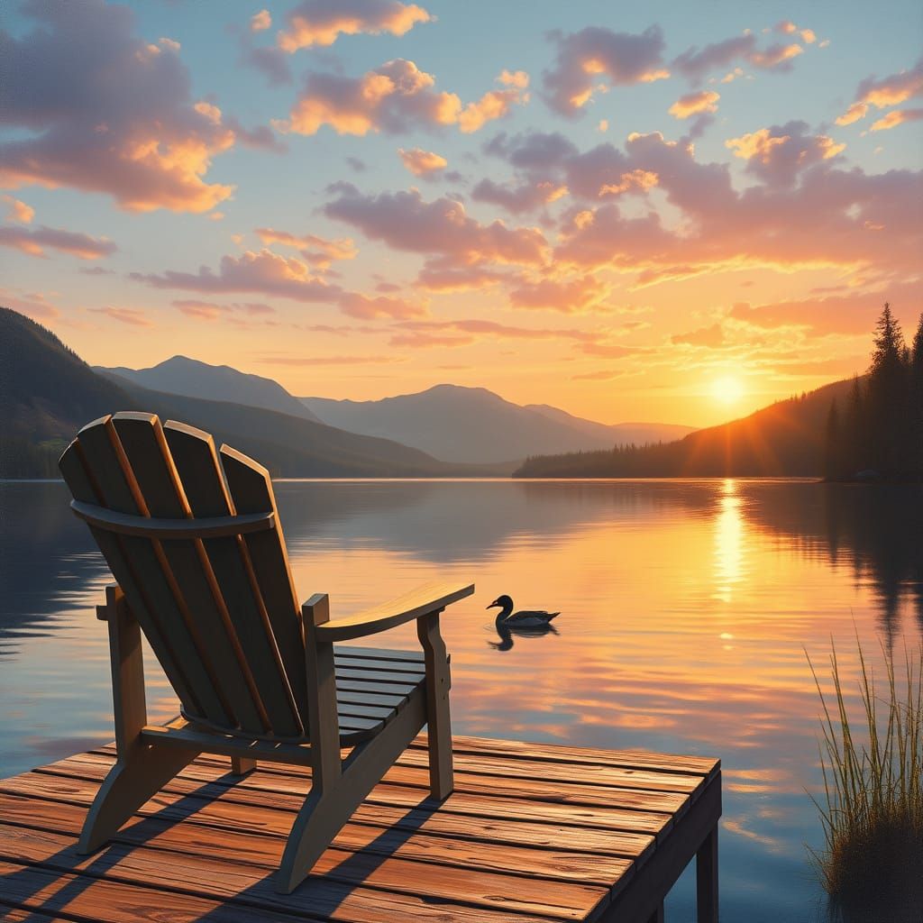 an Adirondack chair on the dock of a peaceful lake in the mountains with a warm soft glow of the sun.There ...  by @Heidi B