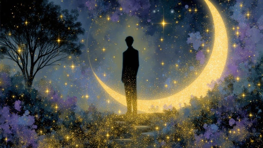 By glory, pino daeni, cosmos! Intricate painting of an enchanted celestial garden glowing on the crescent moon, starlight blooms, lush cosmi...