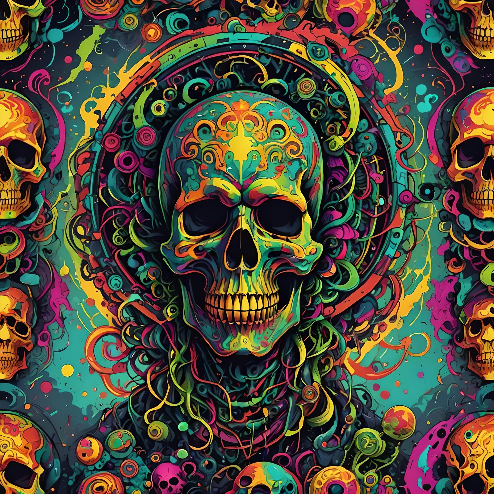 skull psytrance, bad trip, bright, toxic colors acid, high q...