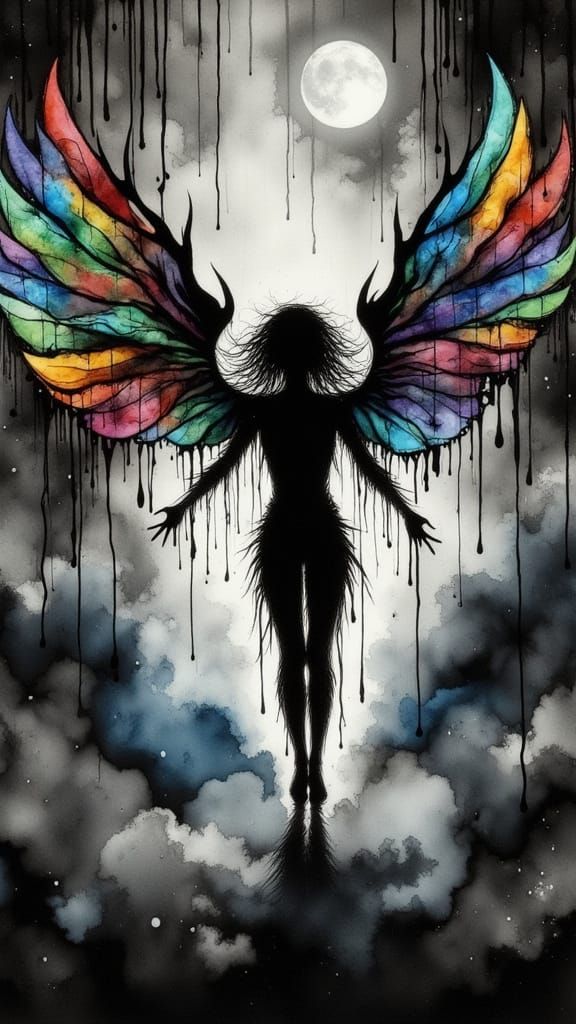 <lora:Mythic Draw:1.0> The silence of grey concrete makes me scream in color, alcohol inks, water colors Darkness incarnate as a woman in de...