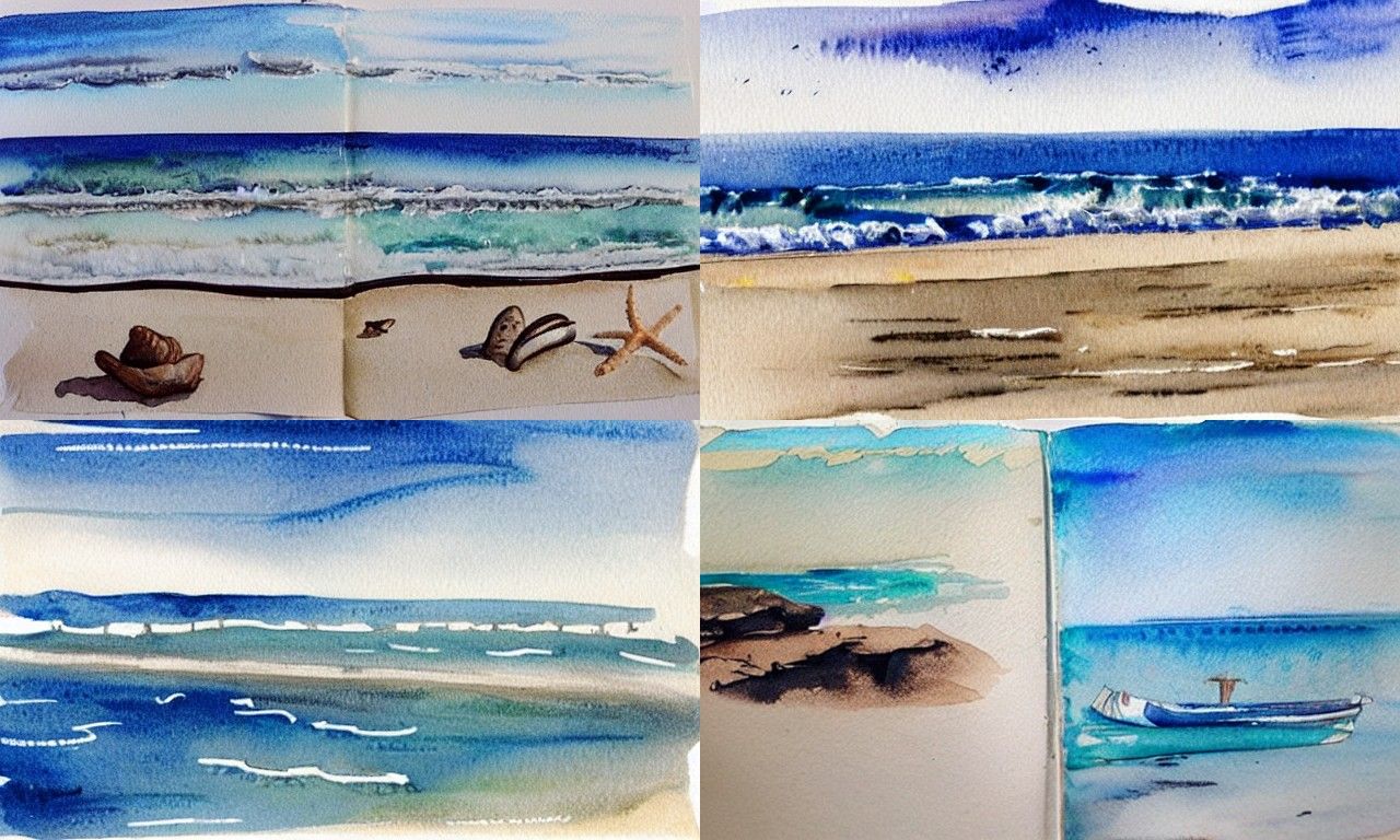 A day at the beach, in watercolours with hints of black ink ...