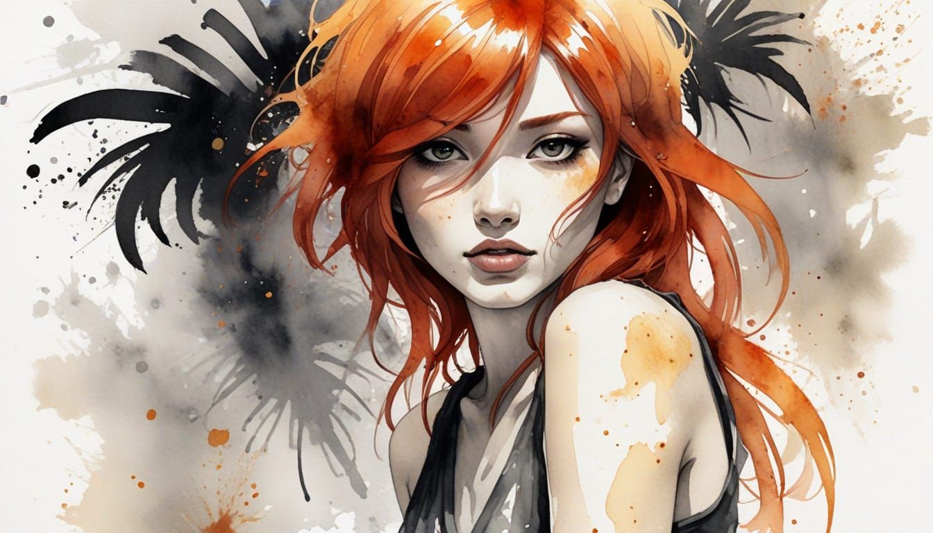 Black ink on parchment, with delicate abstract watercolor wash in shades of gray and ginger, mid shot ...  by @Niels Carlsen