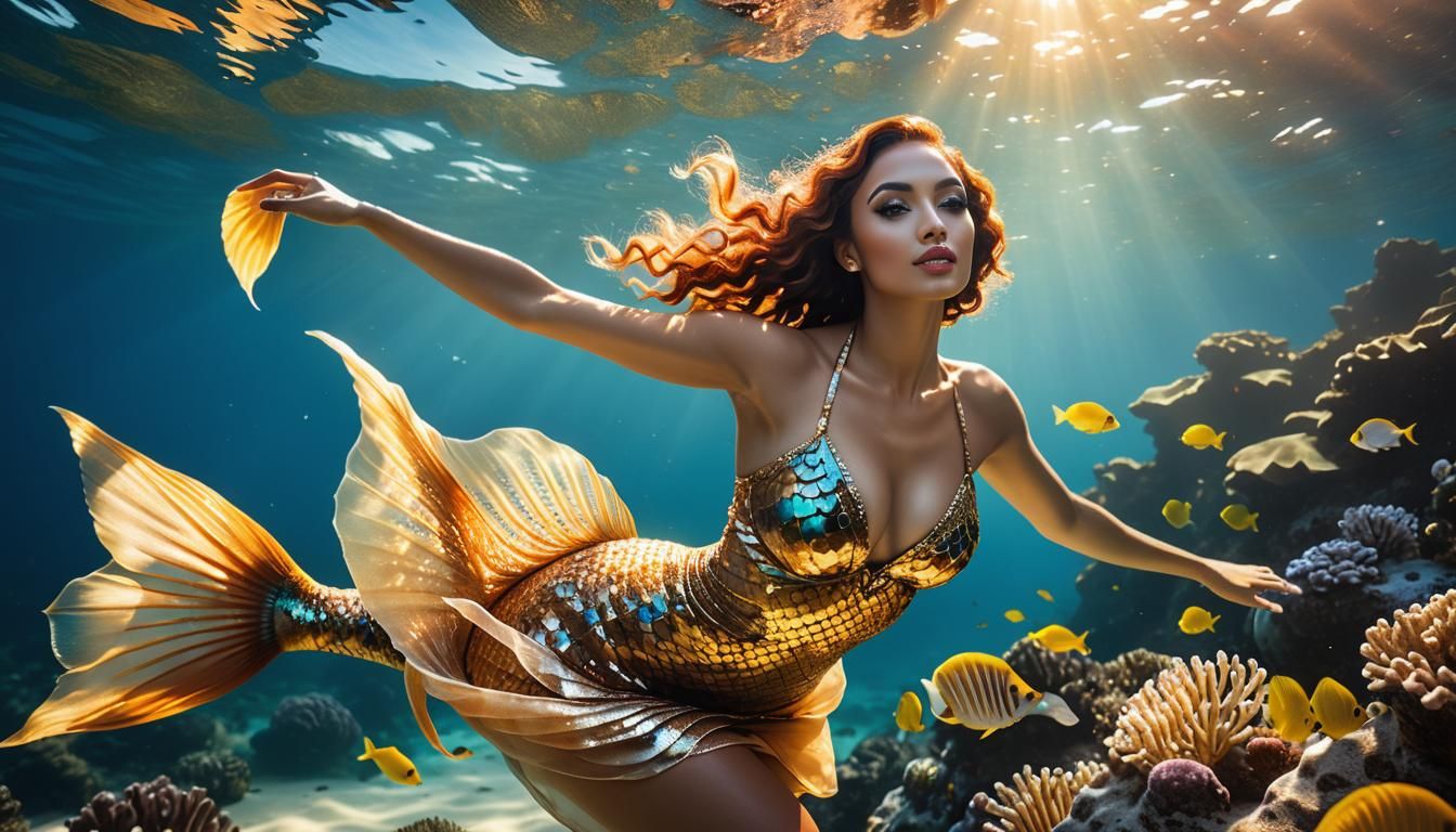 Hybrid jelly fish mermaid model balanced Full body shot with...