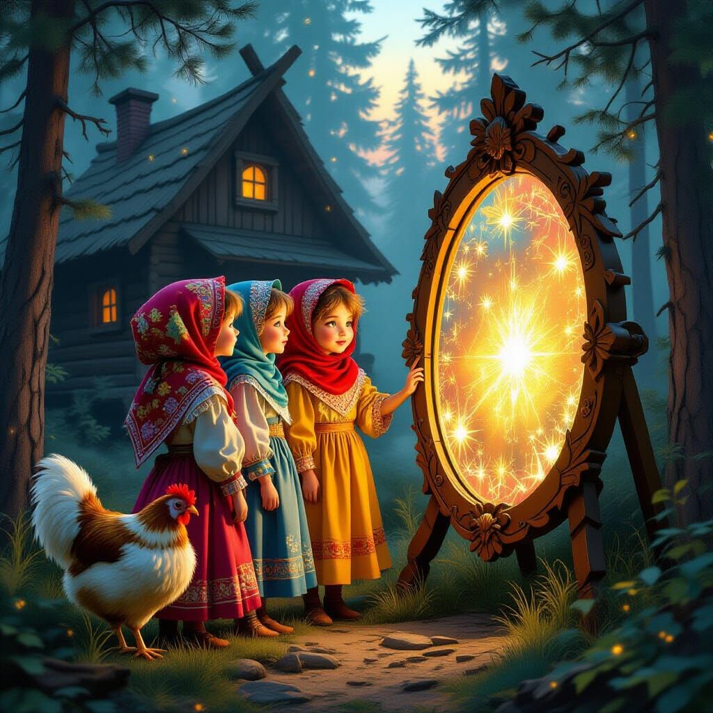 Three charming young Baba Yagas, with expressive faces, wearing colorful Russian headscarves and fantasy-style dresses, stand together gazin...