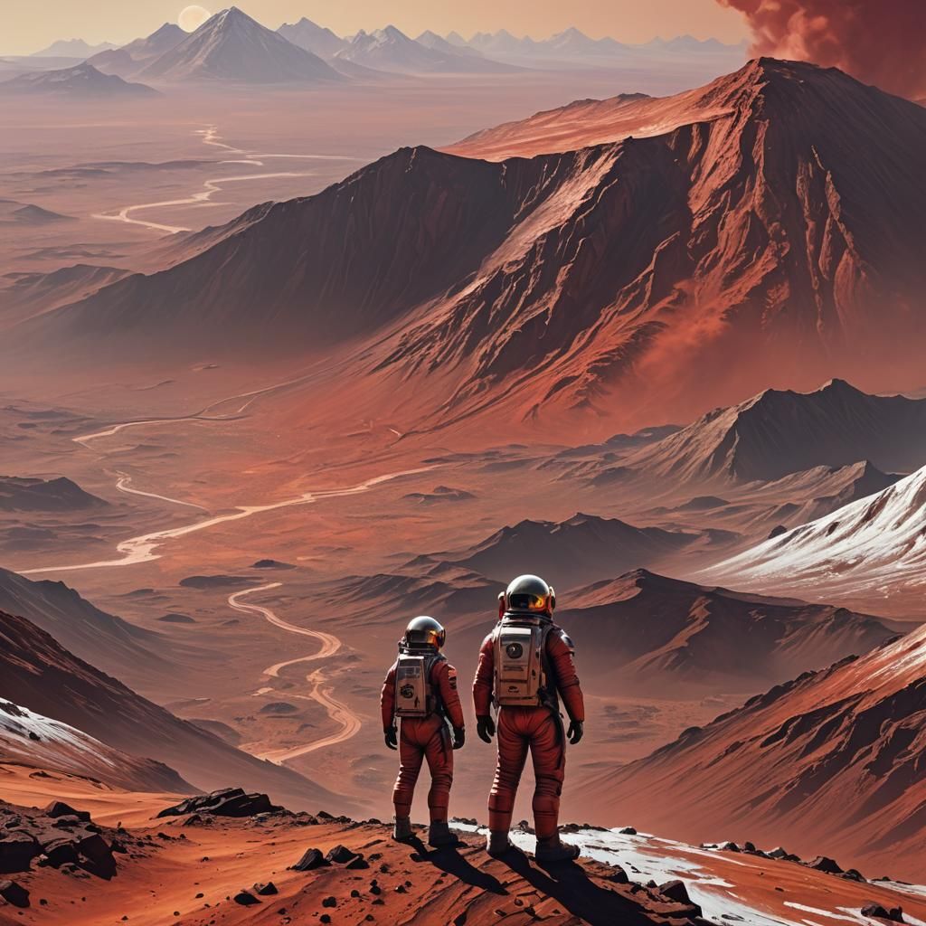 From space Standing in the Mars valley look up at majestic 
Olympus Mons 