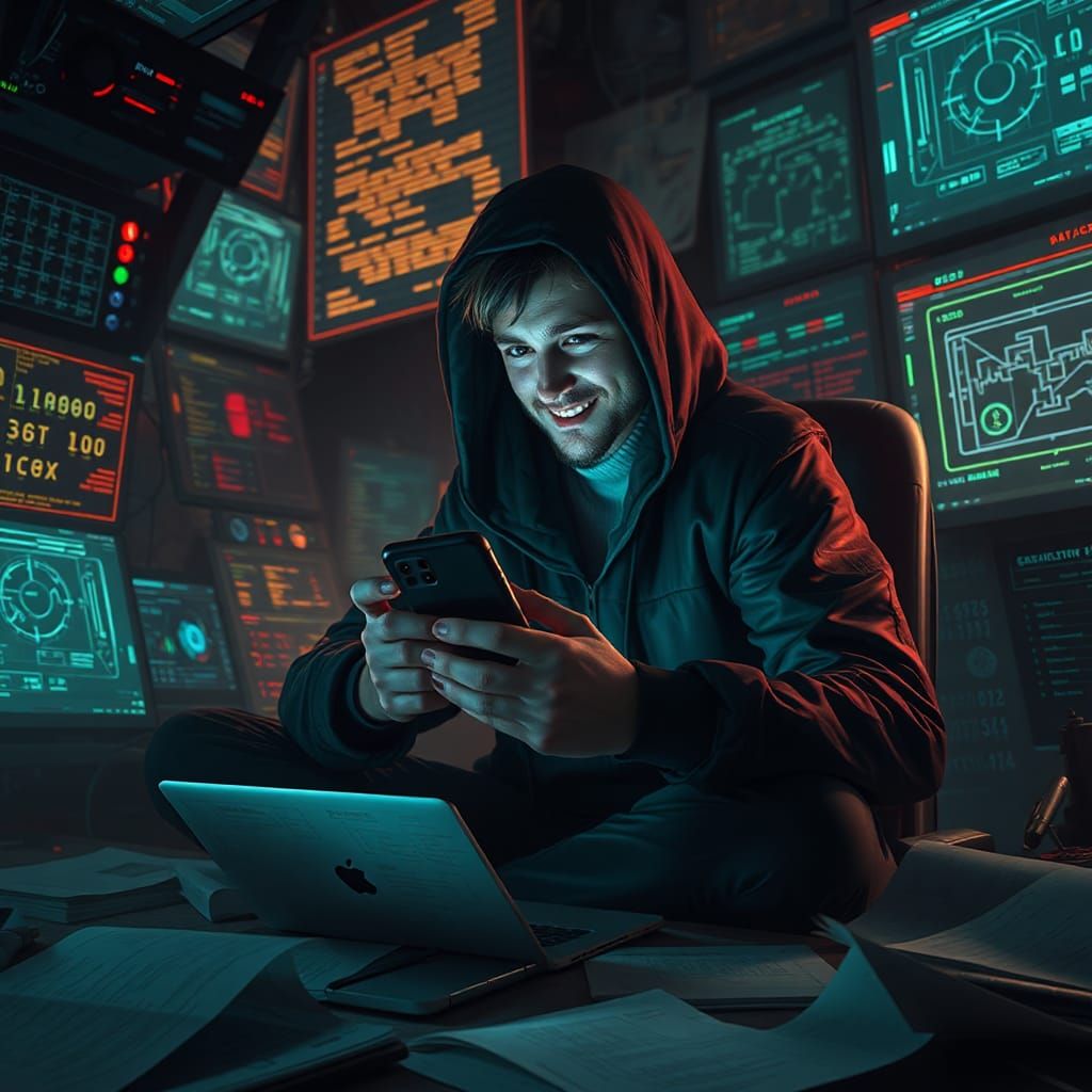 image of a cunning user sitting at a computer in a dark room