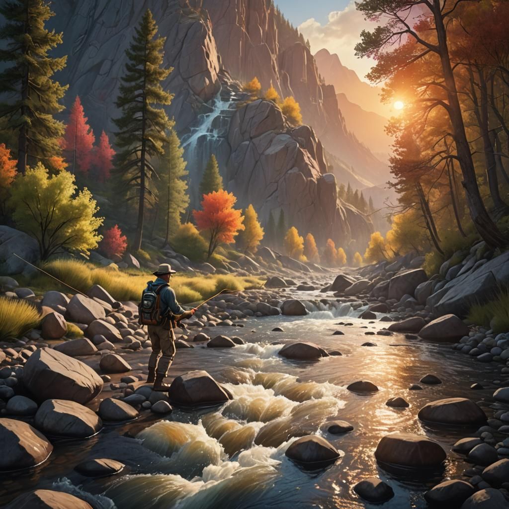 Fly fisherman fishing up a whitewater stream, flowing down i...