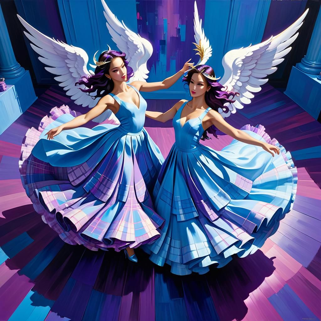 a pair of dancing angels wearing swirling and colorful dress...