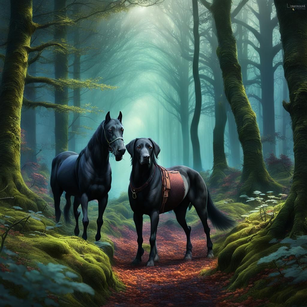 Labrador Leads Horse in Mystical Forest Concept Art
