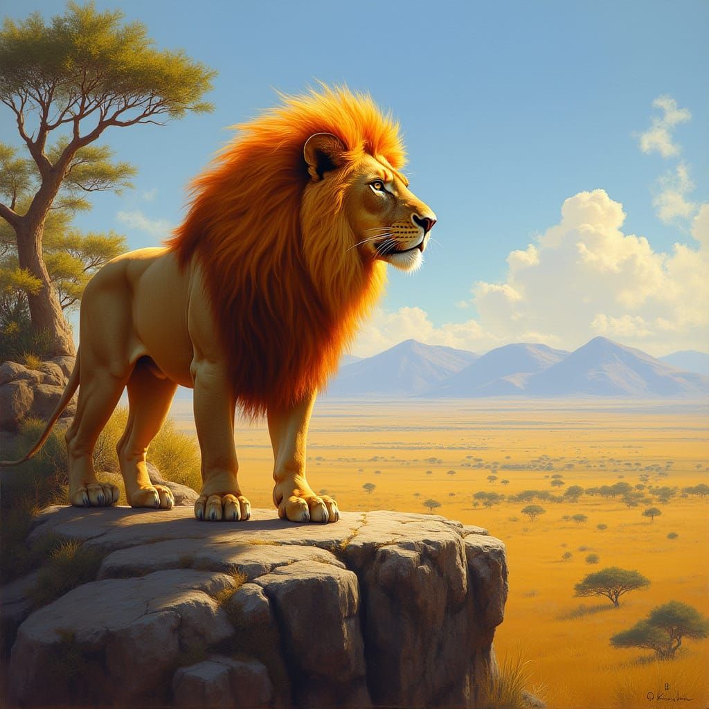 Majestic Lion of Golden Light in Classical Oil Painting Styl...