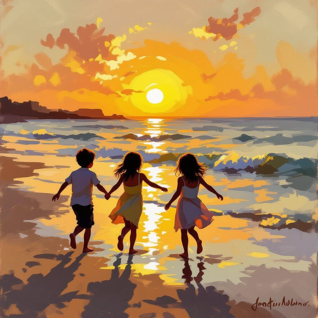 Children Play by Seaside at Sunset in Impressionistic Style