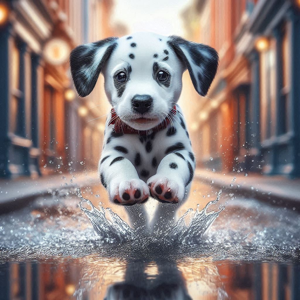 Macro portrait of a small Dalmatian puppy running towards th...