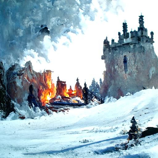burning of a castle in a snowy landscape