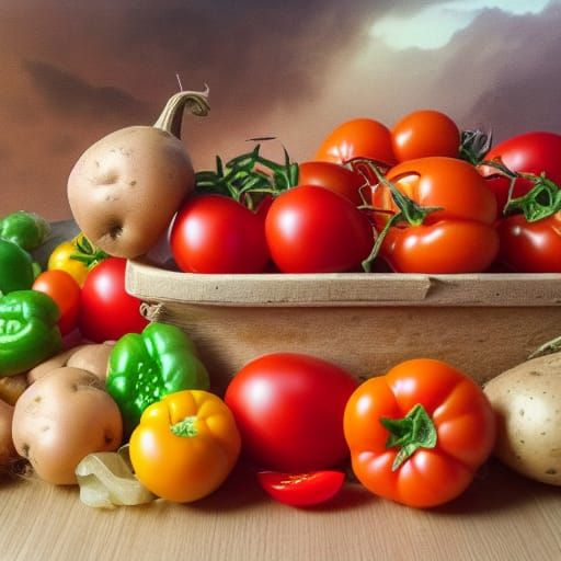 Ingredients for lunch...tomatoes...green pepper...onion... butternut...potatoes undefined