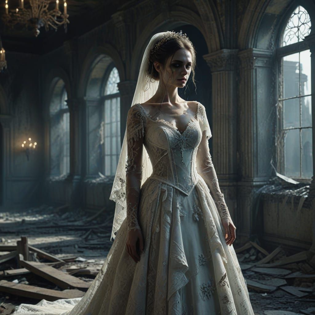 Zombie Bride in Ruined Ballroom Digital Matte Painting