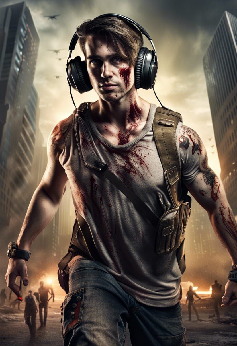 book cover for a novel, male Pro gamer during a zombie apoca...