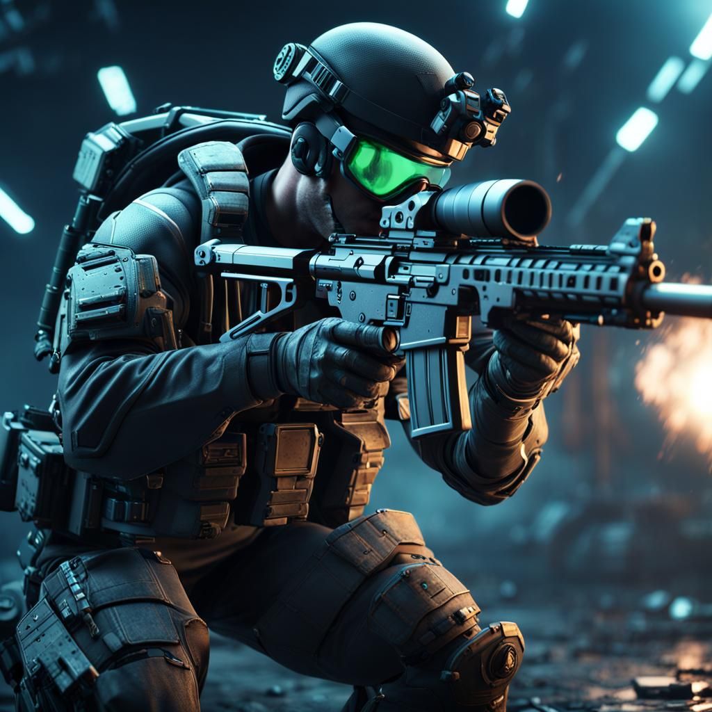 Special operations soldier with night vision goggles shootin...