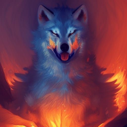 Golden  White fur  wolf in blue red gold flames around Golde...