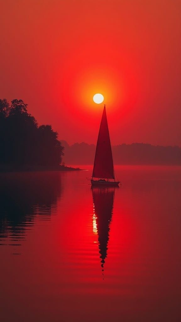 A red sunset reflecting on a still lake and a single sailboat with red-themed sails