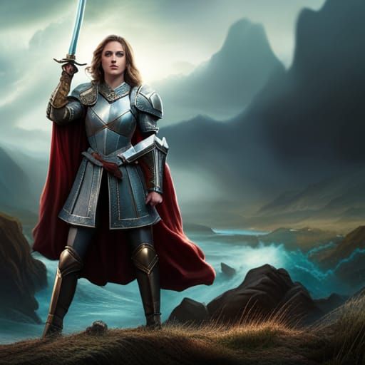 woman knight, sword, shield