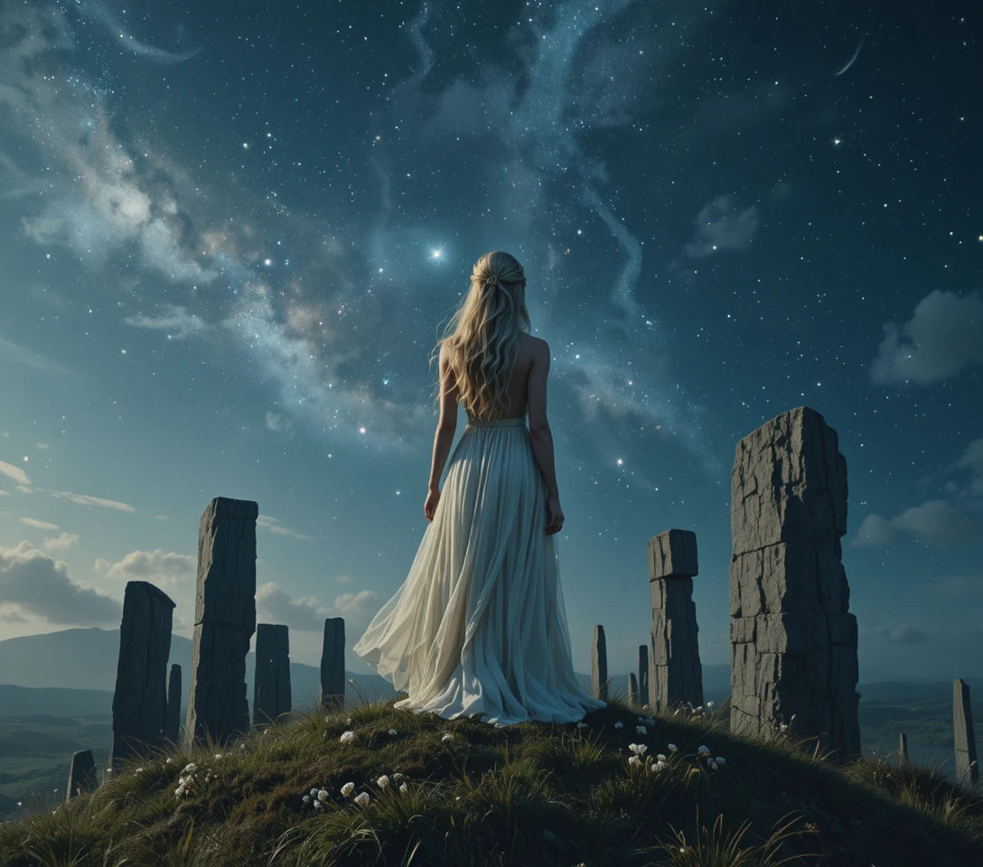 beautiful tall blond Druid, high atop a hill in Ireland