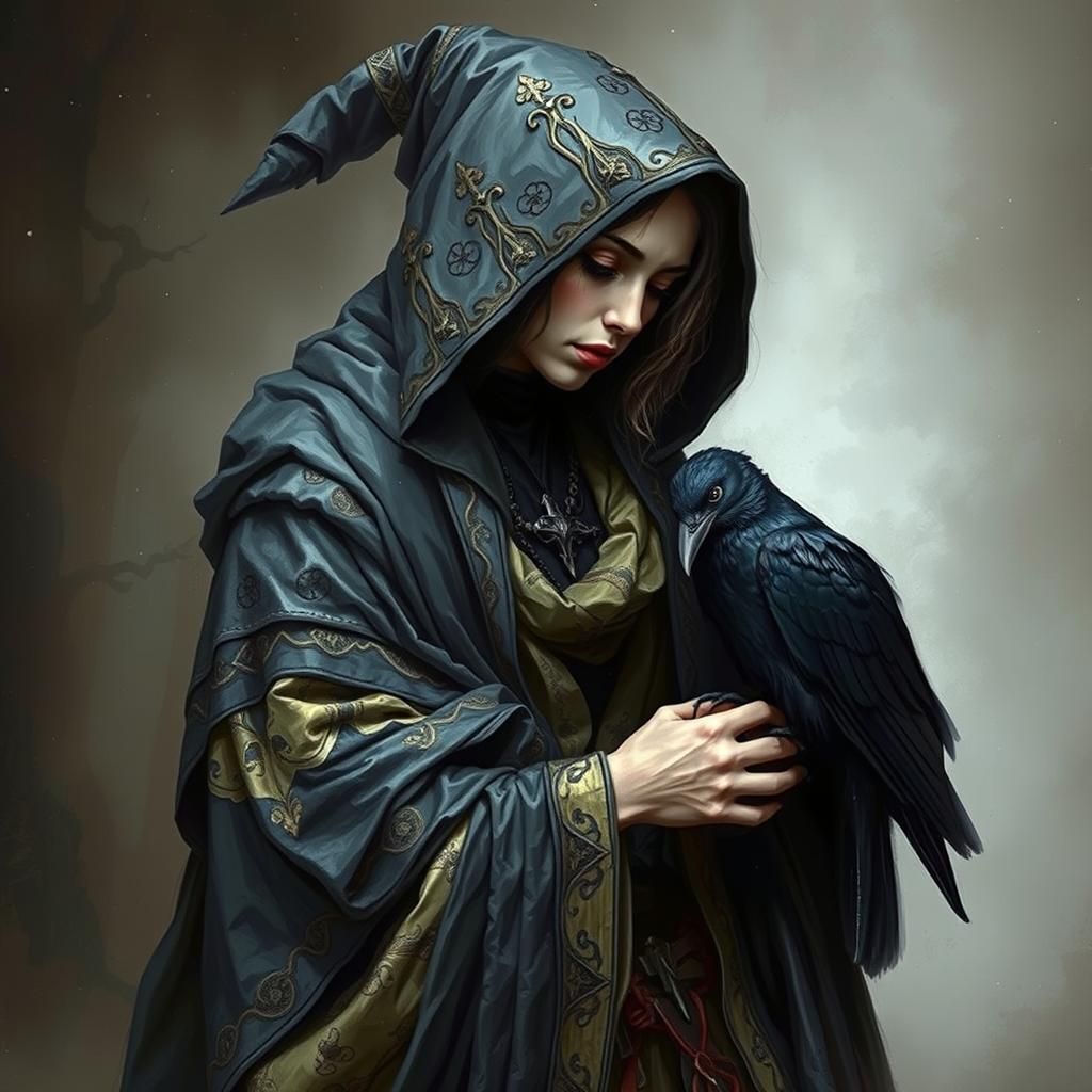 A woman in a hooded cape holds a crow