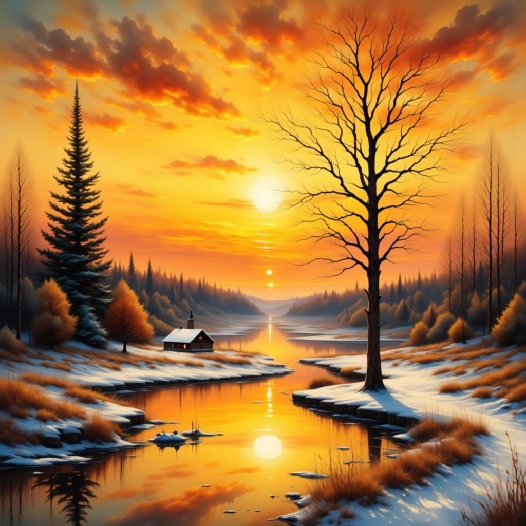 "Springtime Near Canadian Border"

<lora:Sparkle Night:1.0> <lora:Flux - Painterly:1.0> <lora:Antique Watercolor 2:1.0> A breathtaking Impressionistic sunset landscape, bathed...