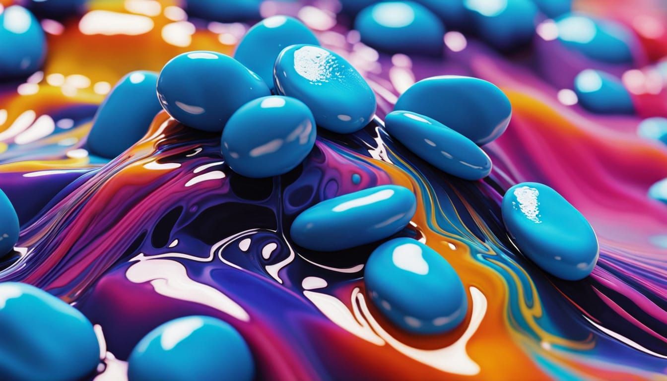 surreal close-up of blue beans whose surface is subtly melting into a vibrant, abstract pattern. The smooth, dreamlike shading and soft edge...