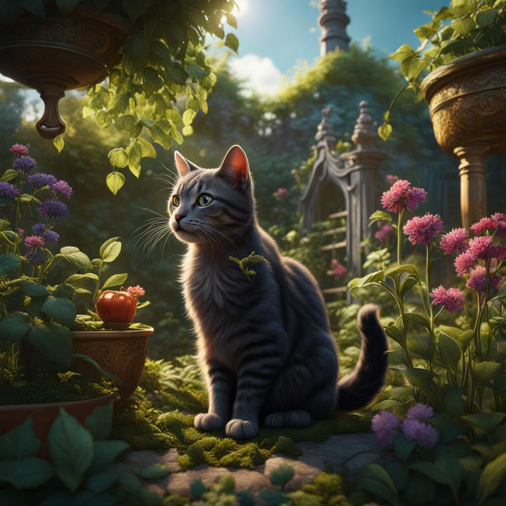 cat gardening in overgrown garden