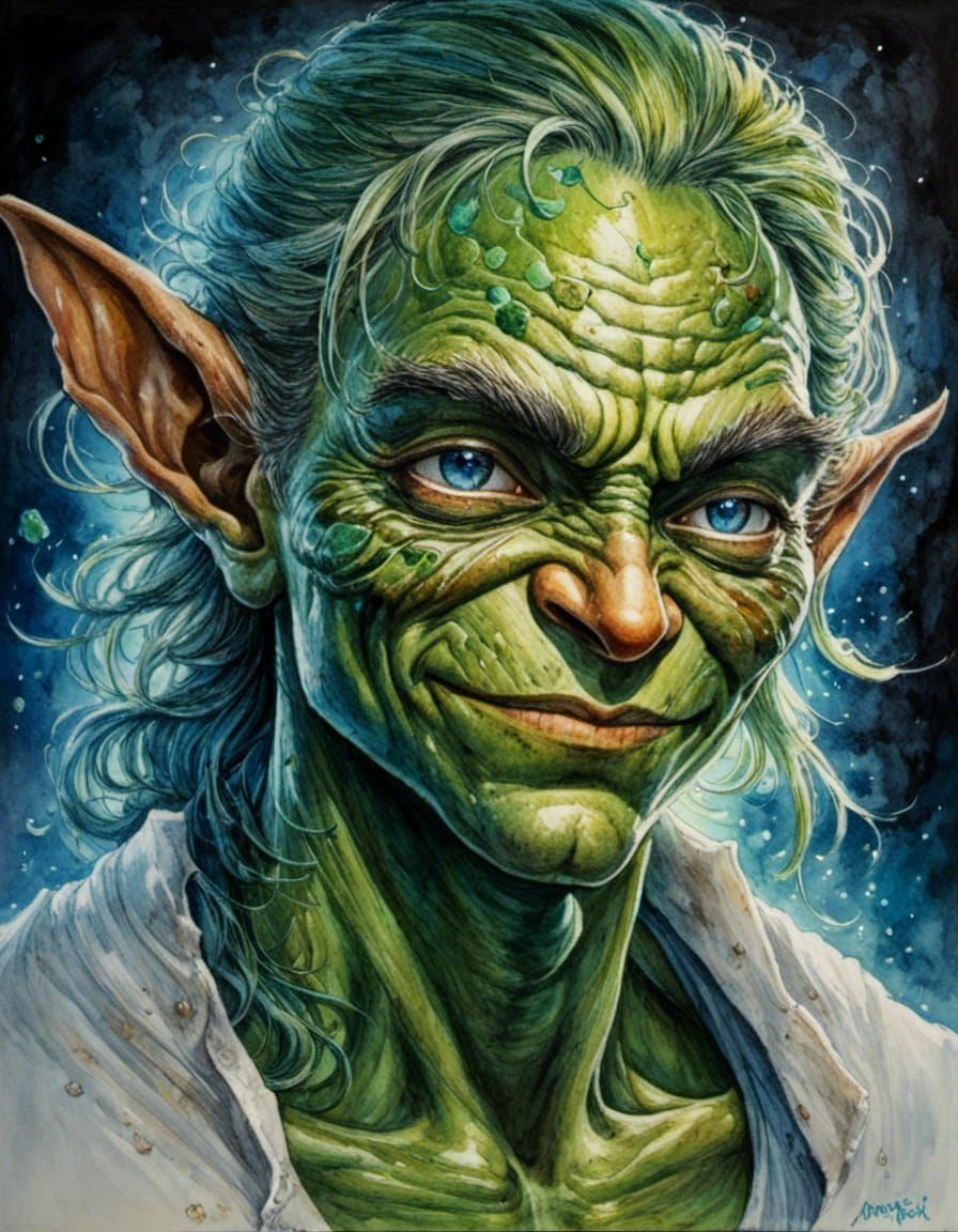 <lora:Female Goblins v1:1.0> half body portrait of a handsome Male Goblin by Dan Mumford, Josephine Wall, and Miki Asai; 