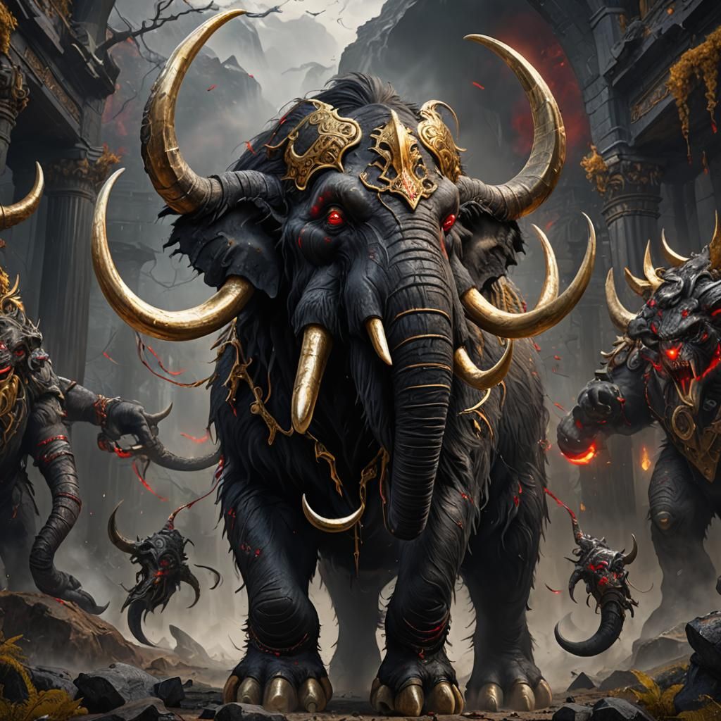 giant evil black and gold mammoth with red eyes and gold hor...