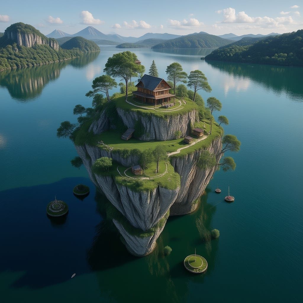A mesmerizing realistic beautiful floating Island, floating above the lake, Floating Island 