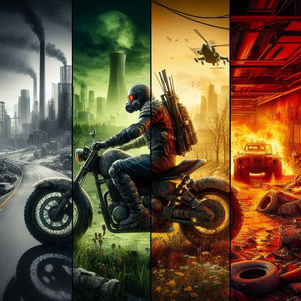 Post apocalyptic motorcycle rider driving through the 4 apoc...