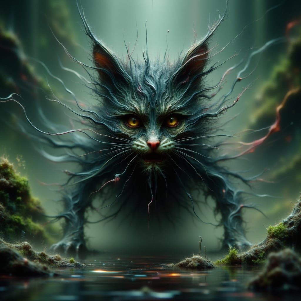 <lora:-Smeared-:1.0>  Grunge, ultra-detailed, raw conceptual scene ▪ A tiny version of the Cheshire Cat as a ninja, stealthily sneaking towa...