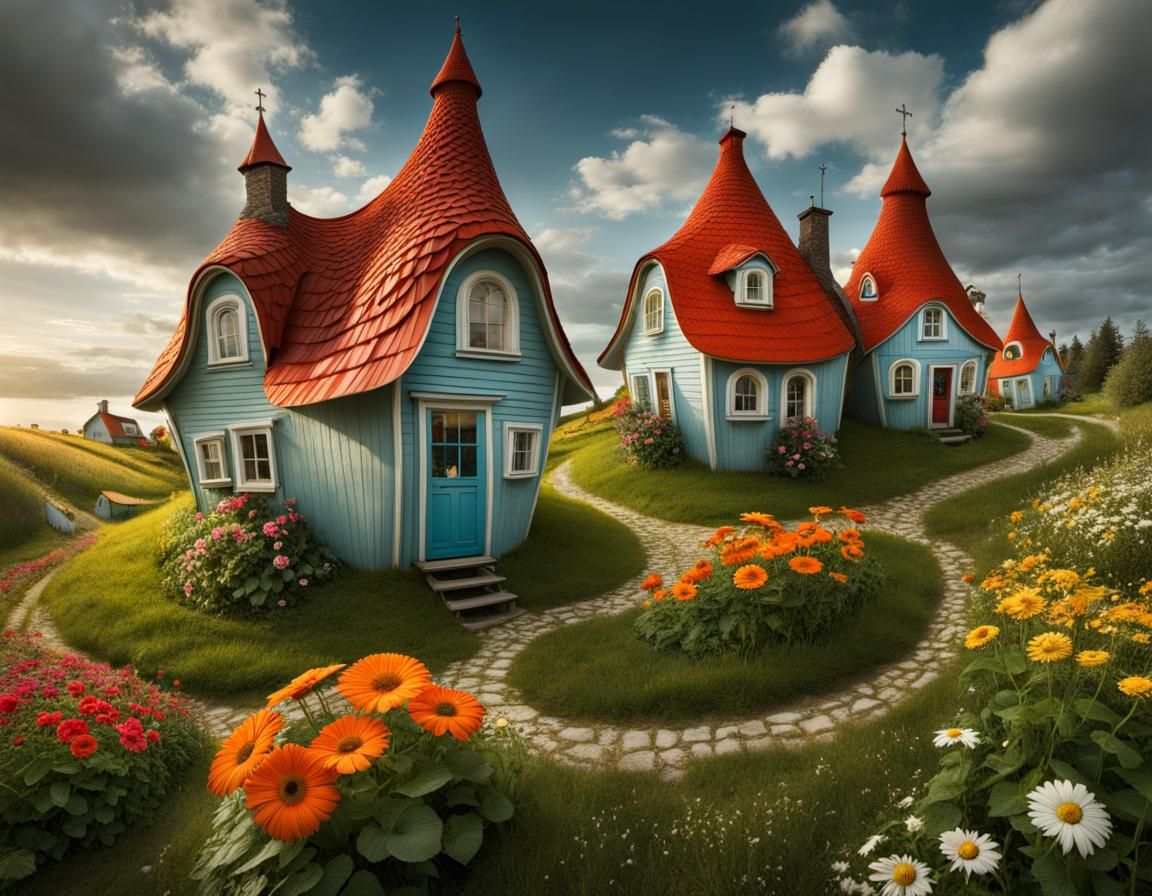 Twisted whimsical surreal flower houses