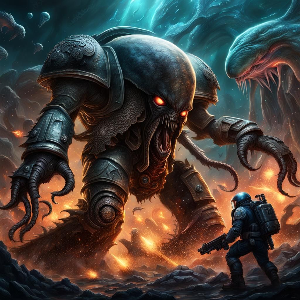 Space Marine vs. Alien Squid: Epic Combat Scene