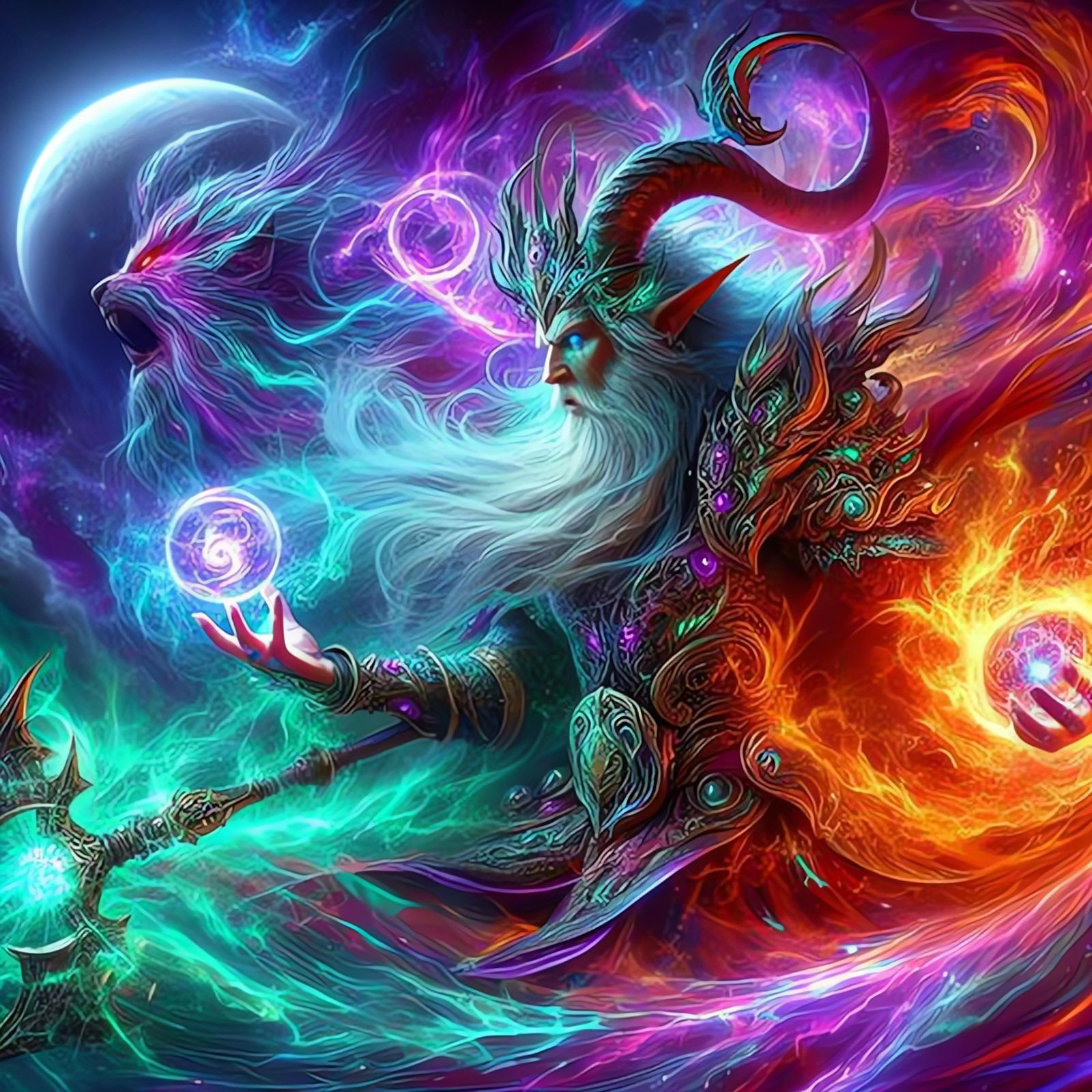 adorned mage channeling arcane power, swirling vortex of vib...