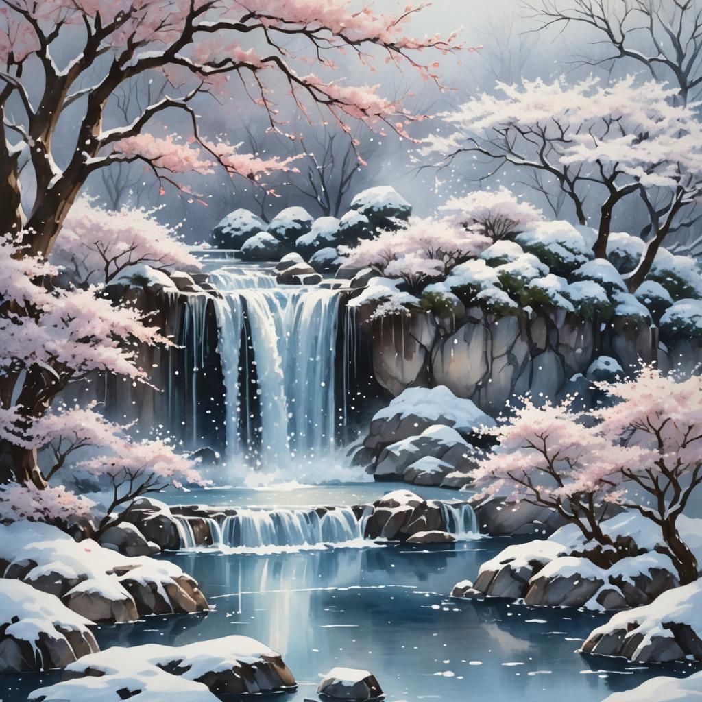 Icy Waterfall in Japanese Garden: Watercolor Painting