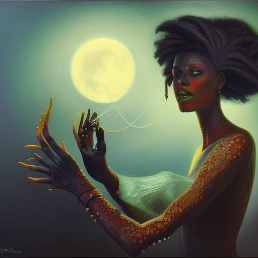 Androgynous dark-skinned Regal orisha, moonlit water, audrey...